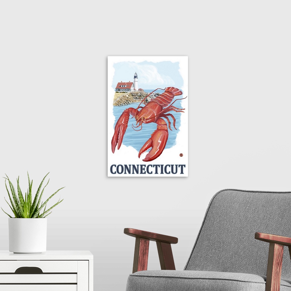 A modern room featuring Connecticut - Lobster and Lighthouse: Retro Travel Poster