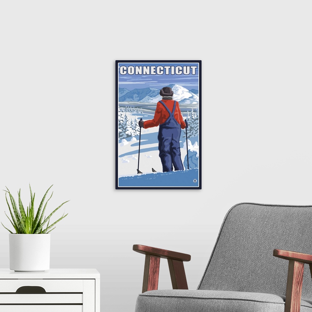 A modern room featuring Connecticut - Skier Admiring View: Retro Travel Poster