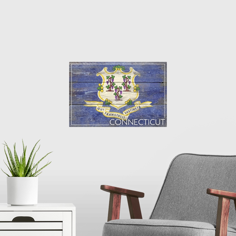 A modern room featuring The flag of Connecticut with a weathered wooden board effect.