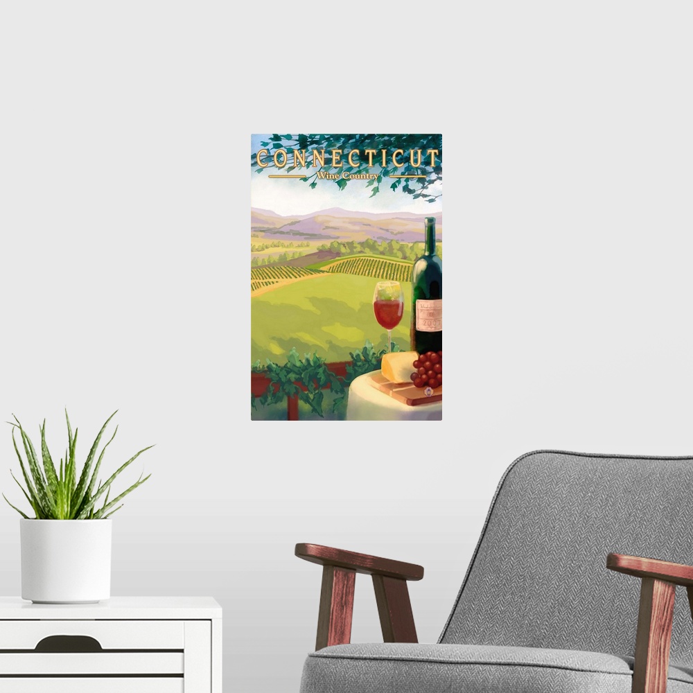 A modern room featuring Connecticut - Wine Country Scene: Retro Travel Poster