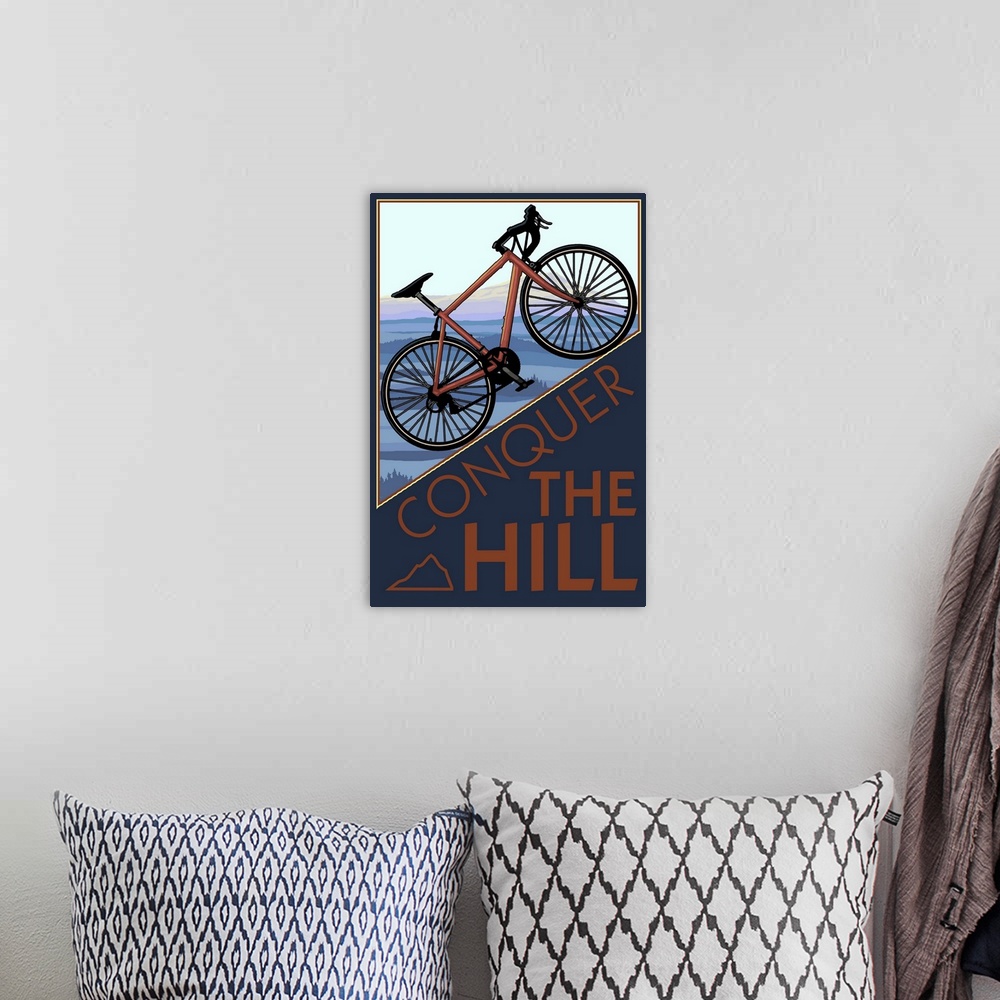 A bohemian room featuring Conquer the Hill - Mountain Bike: Retro Travel Poster