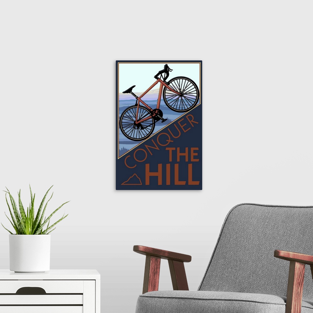 A modern room featuring Conquer the Hill - Mountain Bike: Retro Travel Poster