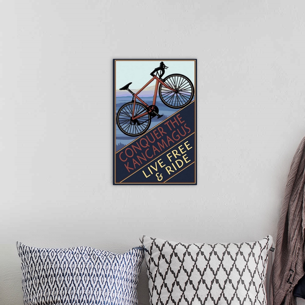 A bohemian room featuring Conquer the Kancamagus, New Hampshire - Mountain Bike: Retro Travel Poster