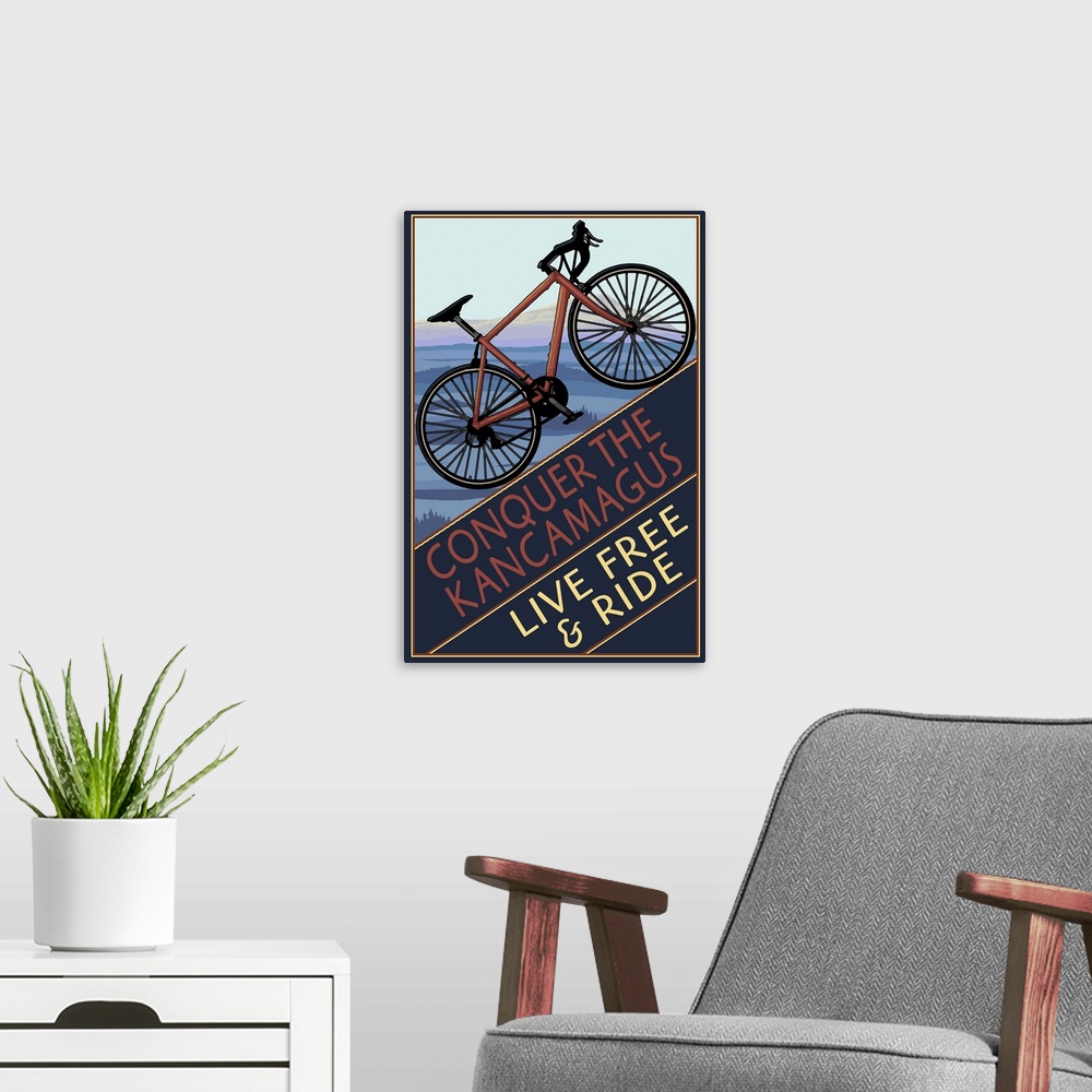 A modern room featuring Conquer the Kancamagus, New Hampshire - Mountain Bike: Retro Travel Poster