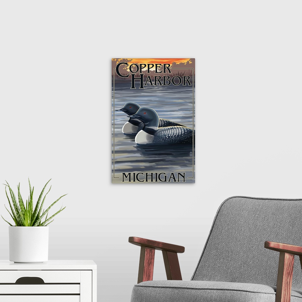 A modern room featuring Retro stylized art poster of two loons on a lake at sunset.