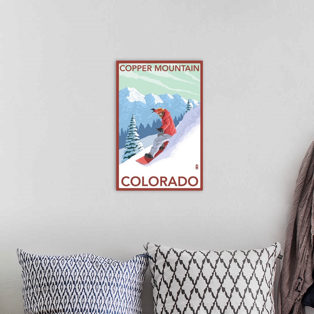 A bohemian room featuring Copper Mountain, Colorado - Downhill Snowboarder: Retro Travel Poster