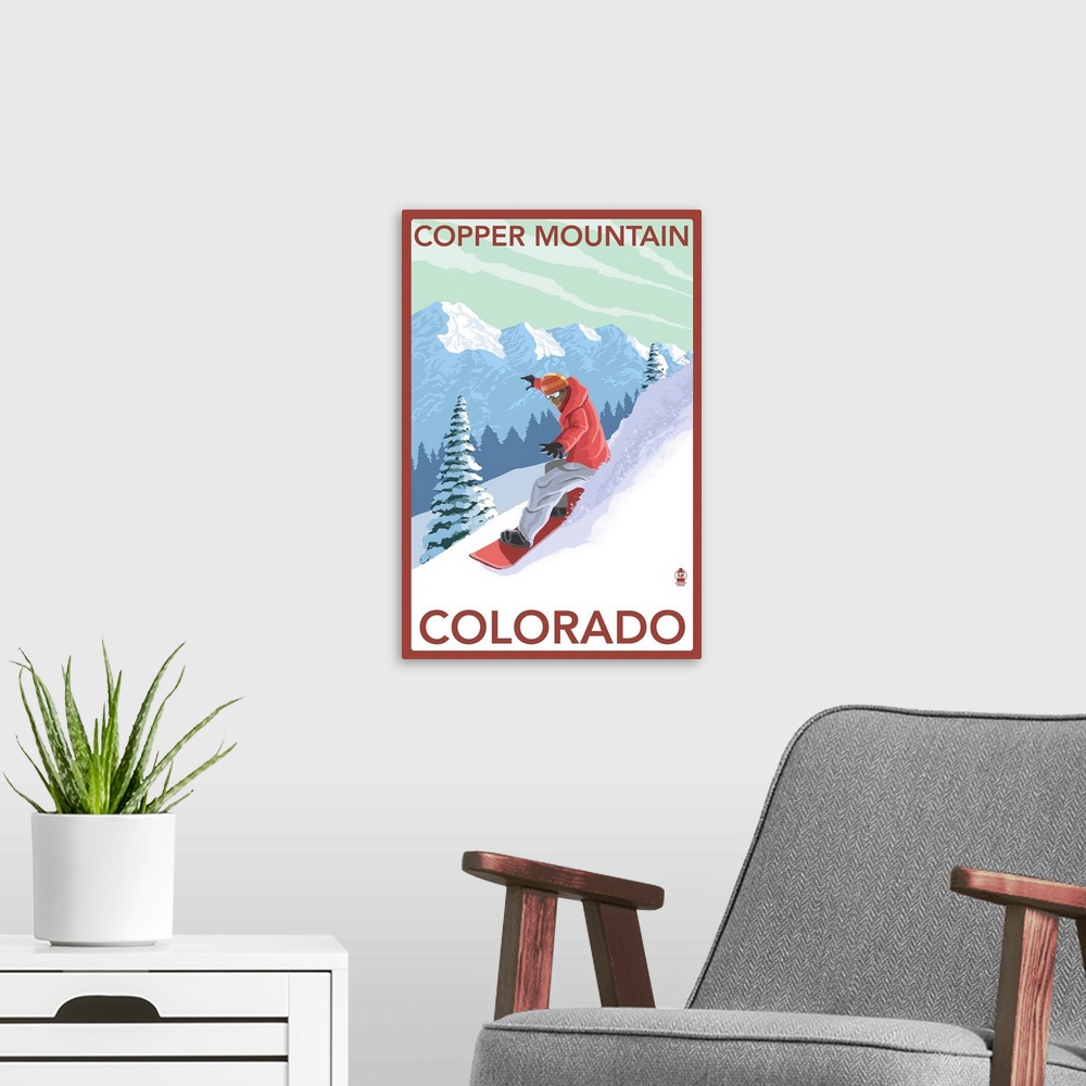 A modern room featuring Copper Mountain, Colorado - Downhill Snowboarder: Retro Travel Poster