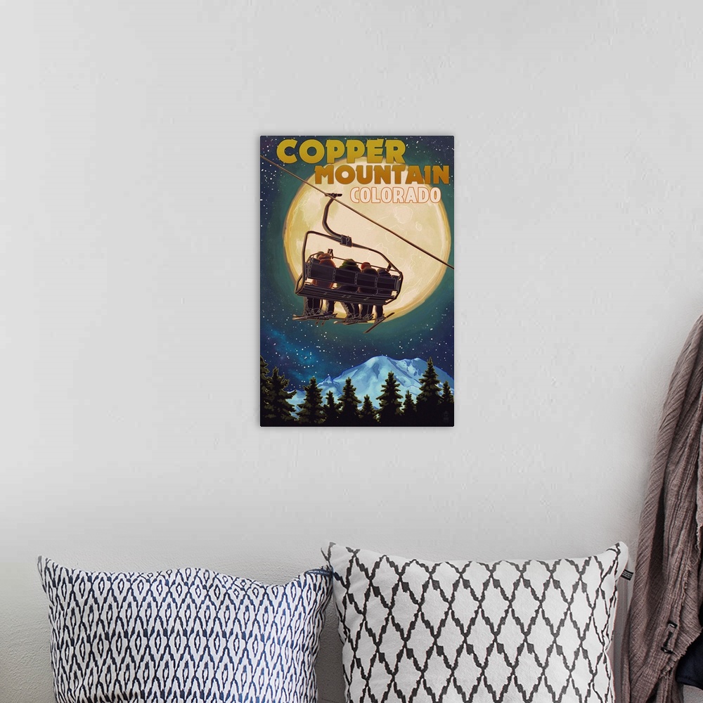 A bohemian room featuring Copper Mountain, Colorado - Ski Lift and Full Moon: Retro Travel Poster