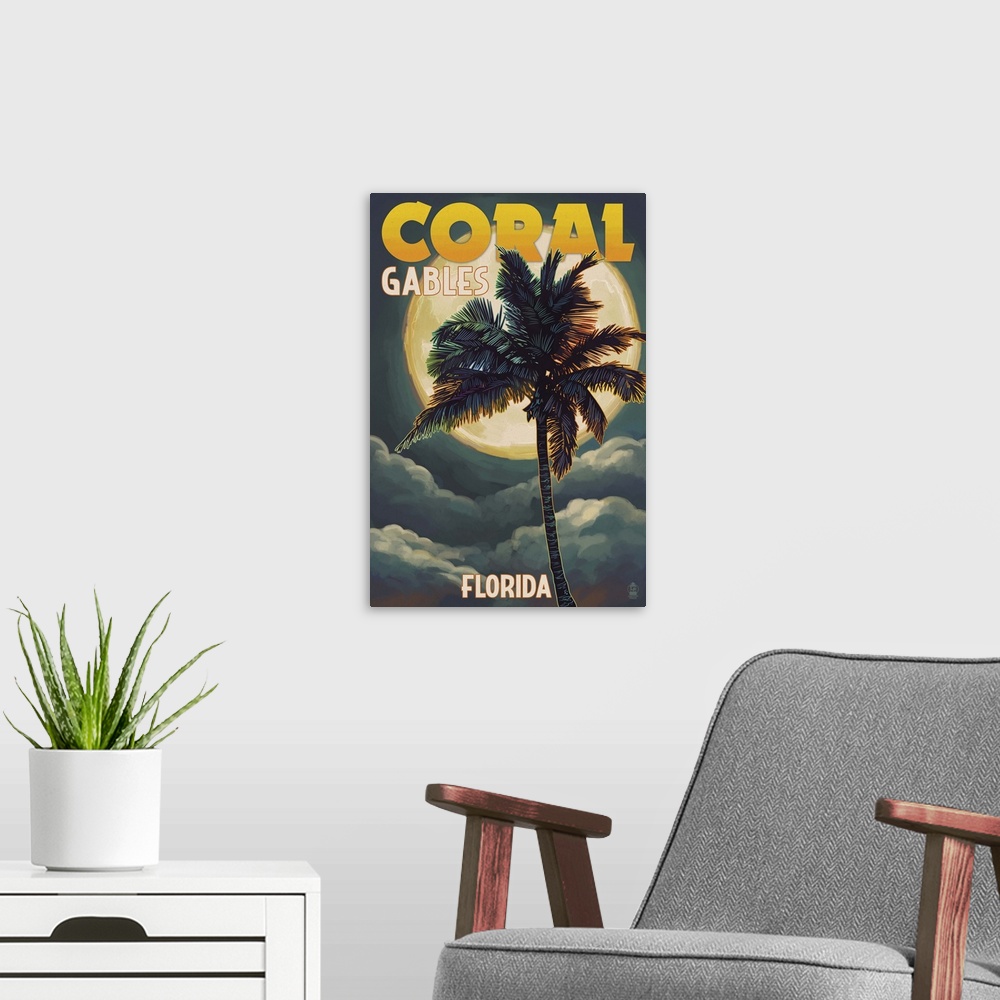 A modern room featuring Coral Gables, Florida - Palms and Moon: Retro Travel Poster