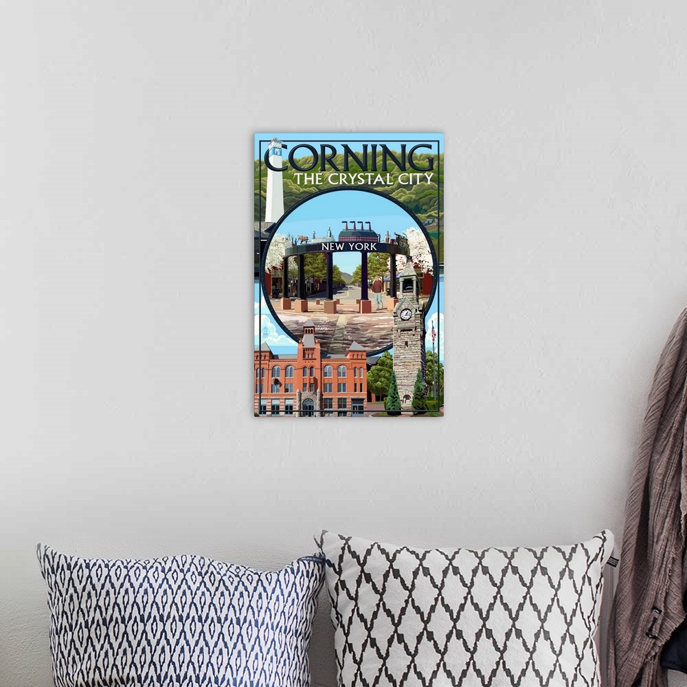 A bohemian room featuring Corning, New York - Town Montage: Retro Travel Poster