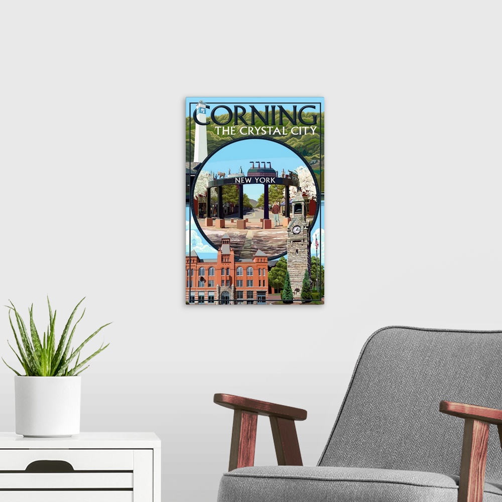 A modern room featuring Corning, New York - Town Montage: Retro Travel Poster