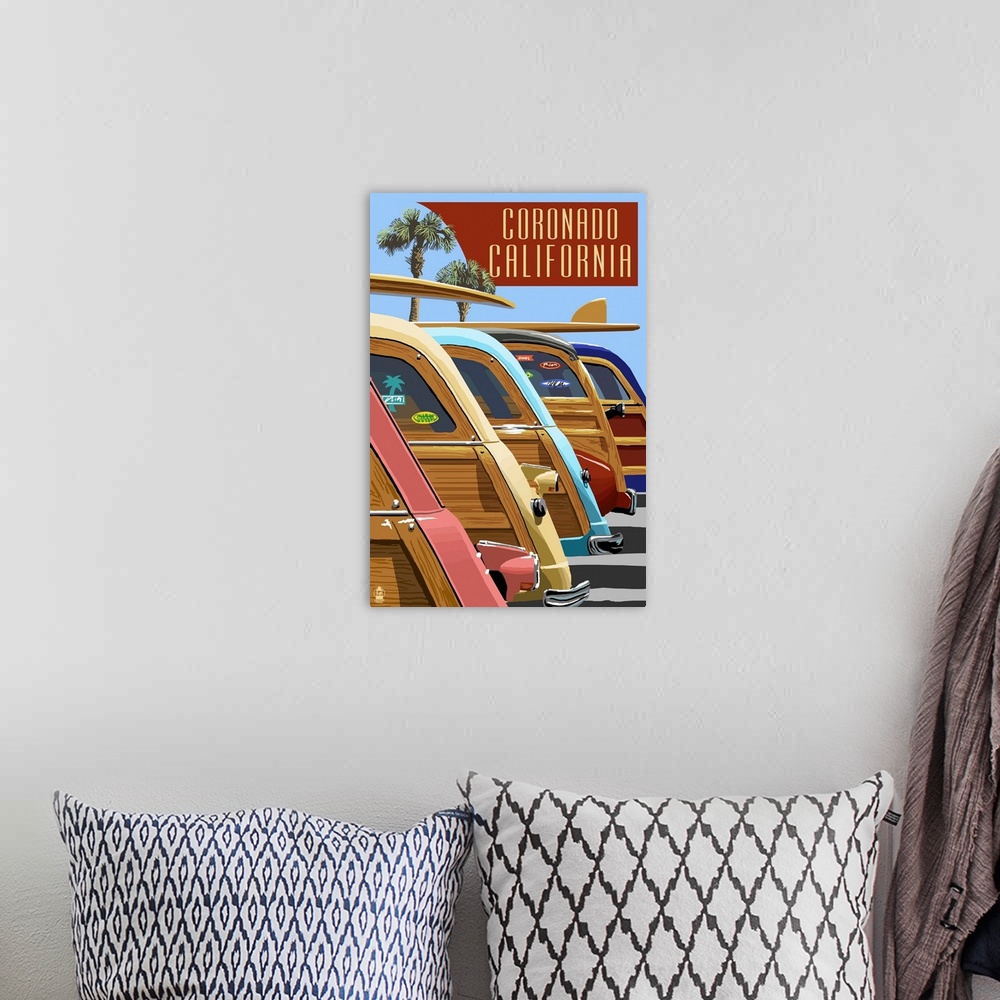 A bohemian room featuring Coronado, California - Woodies Lined Up: Retro Travel Poster