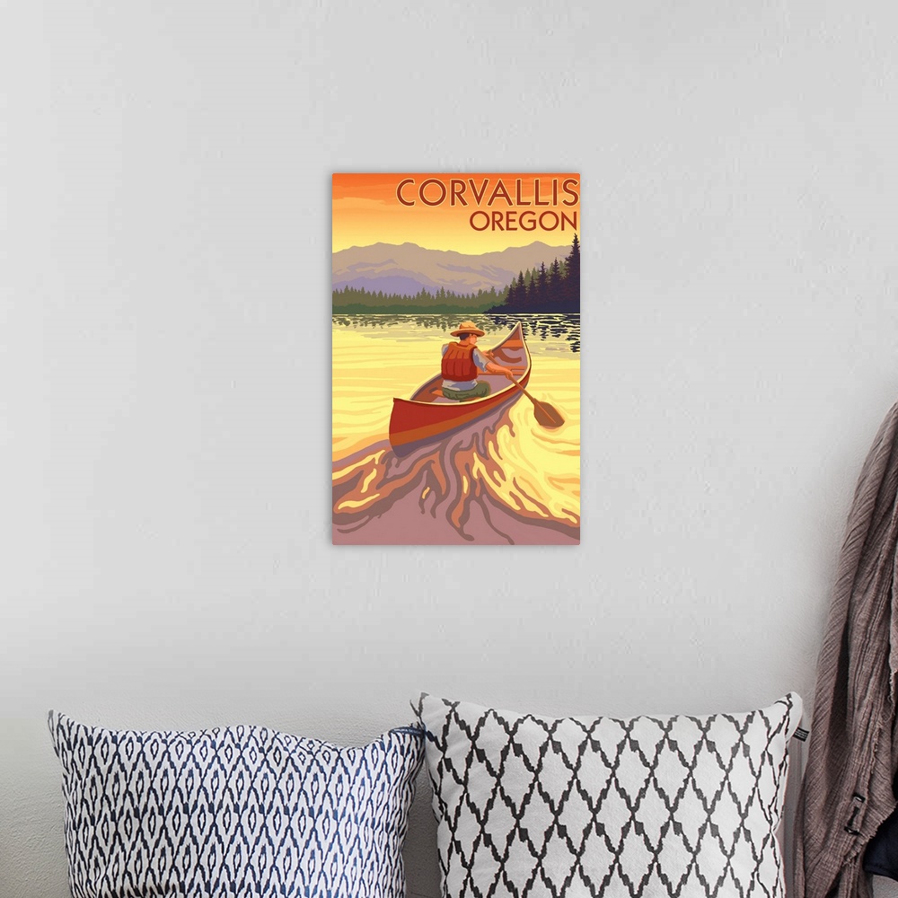 A bohemian room featuring Corvallis, Oregon - Canoe and Sunset: Retro Travel Poster