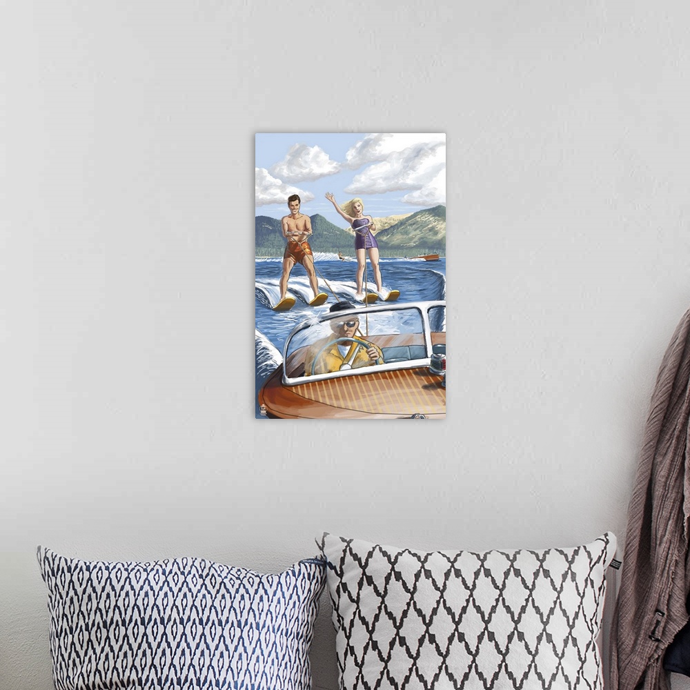 A bohemian room featuring Retro stylized art poster of a couple water skiing.