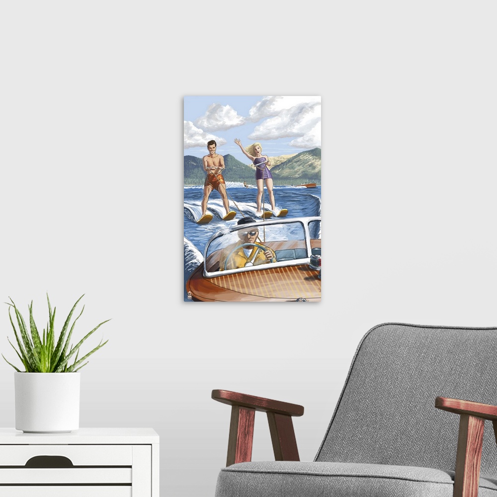 A modern room featuring Retro stylized art poster of a couple water skiing.