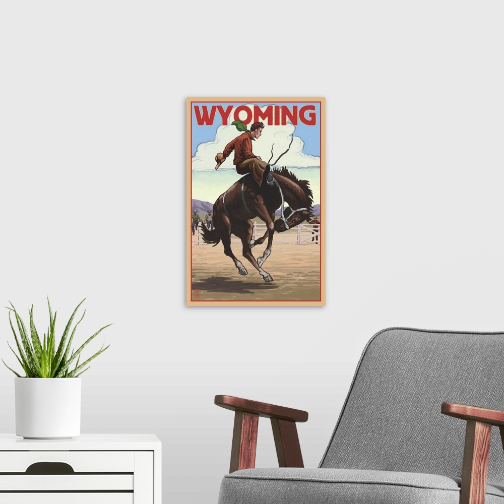A modern room featuring Cowboy and Bronco Scene - Wyoming: Retro Travel Poster