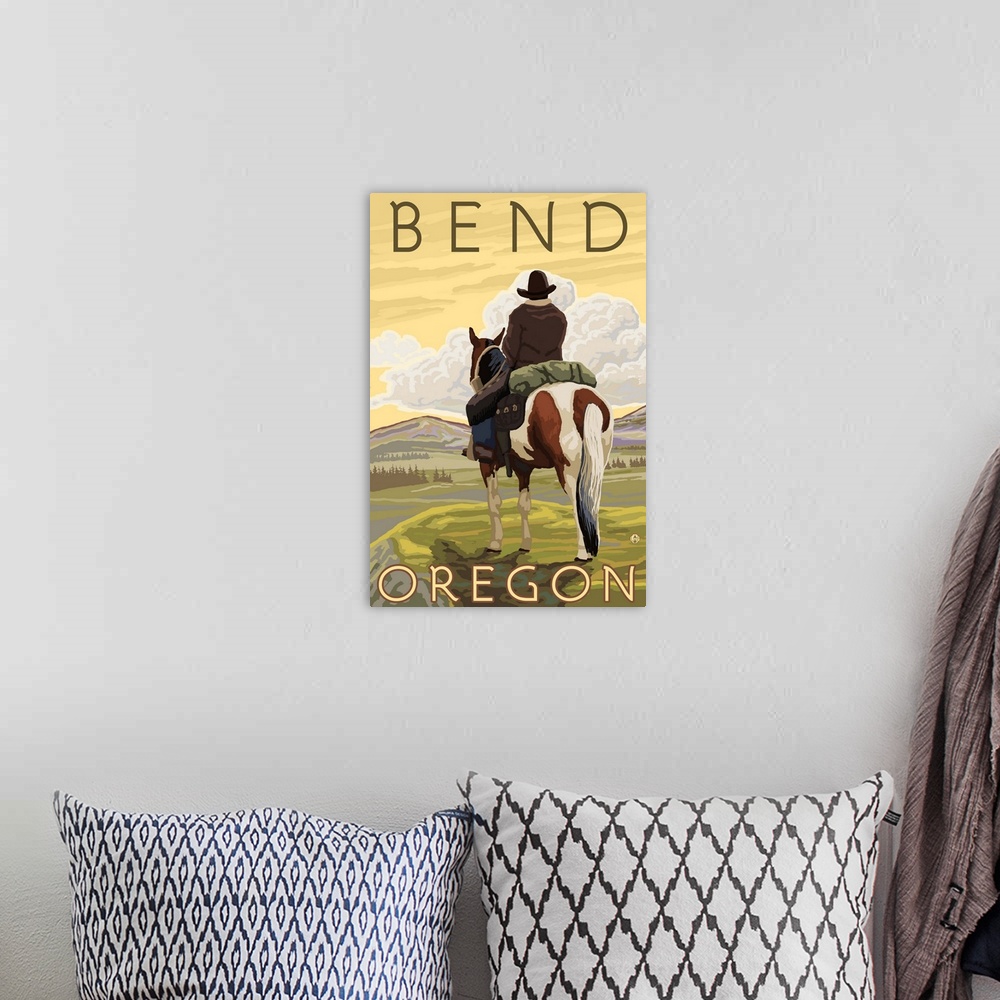 A bohemian room featuring Cowboy and Horse - Bend, Oregon: Retro Travel Poster