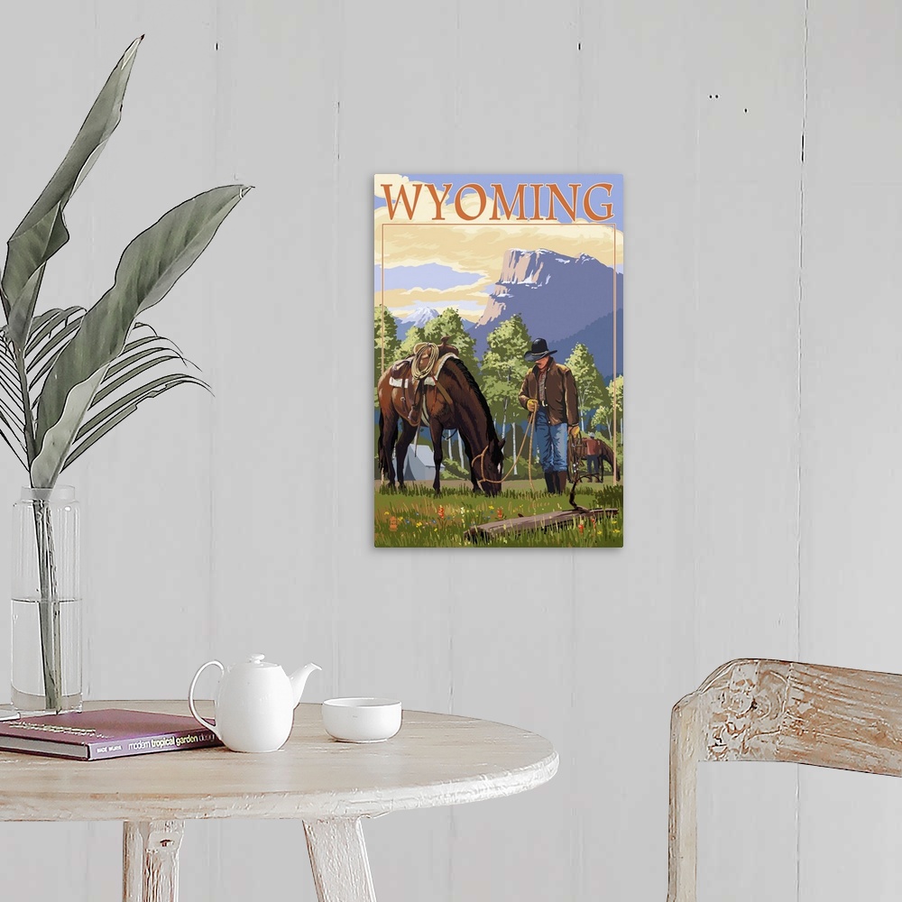 A farmhouse room featuring Retro stylized art poster of a cowboy letting his horse graze on lush green grass.