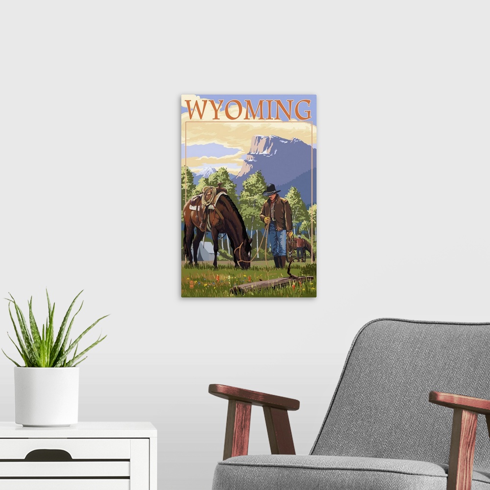A modern room featuring Retro stylized art poster of a cowboy letting his horse graze on lush green grass.