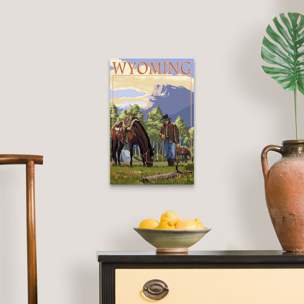 A traditional room featuring Retro stylized art poster of a cowboy letting his horse graze on lush green grass.