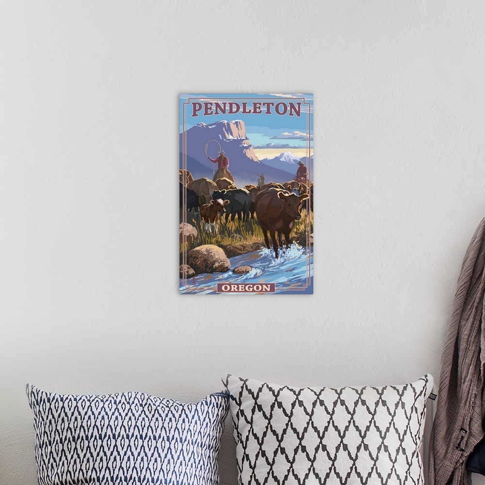 A bohemian room featuring Cowboy Cattle Drive Scene - Pendleton, Oregon: Retro Travel Poster