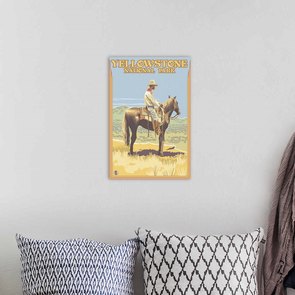 A bohemian room featuring Cowboy on Horseback - Yellowstone National Park: Retro Travel Poster