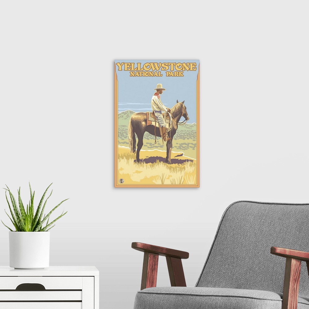 A modern room featuring Cowboy on Horseback - Yellowstone National Park: Retro Travel Poster