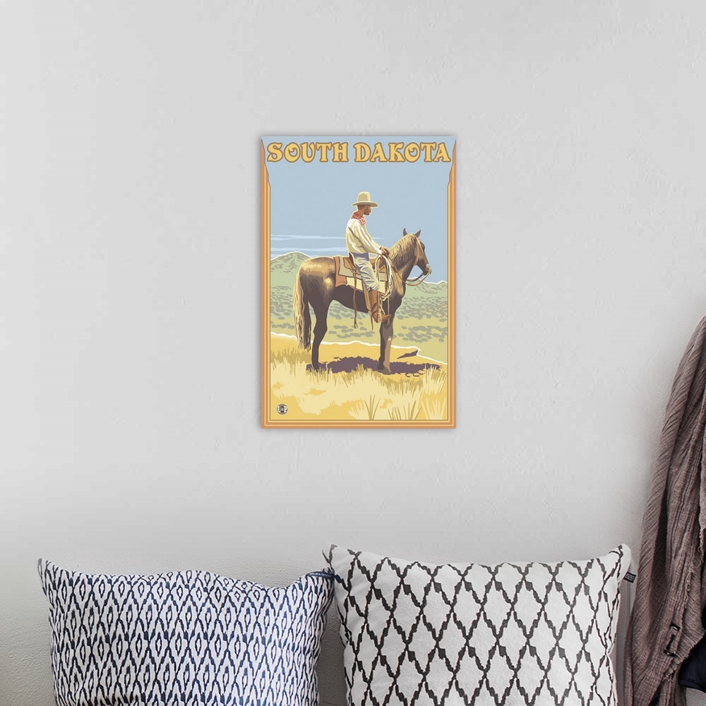 A bohemian room featuring Cowboy (Side View) - South Dakota: Retro Travel Poster
