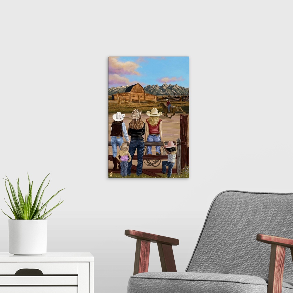 A modern room featuring Retro stylized art poster of cowgirls sitting on fence watching rider on heroseback.