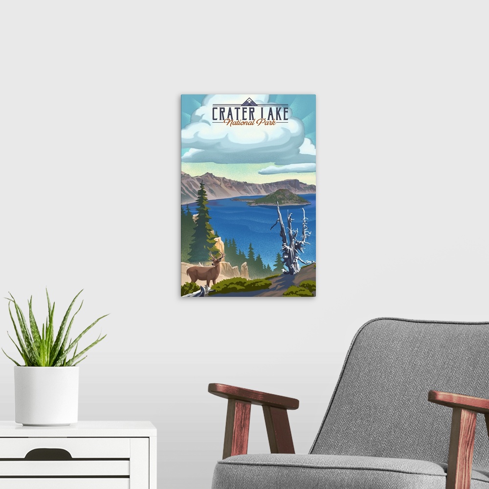 A modern room featuring Crater Lake National Park, Deer In Nature: Retro Travel Poster