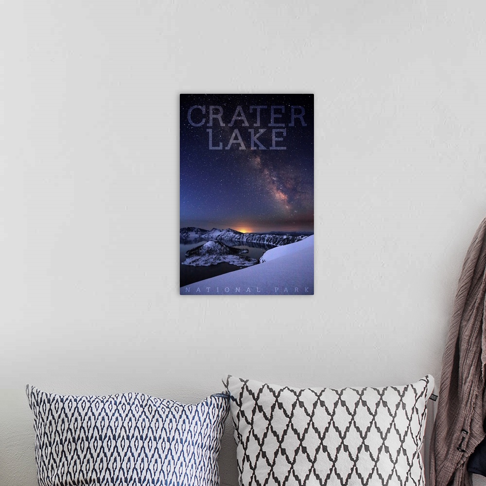 A bohemian room featuring Crater Lake National Park, Milky Way: Travel Poster