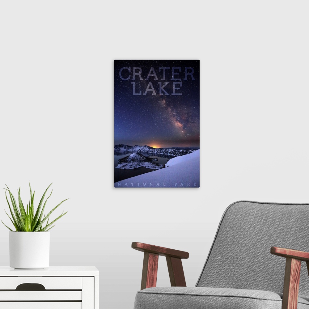 A modern room featuring Crater Lake National Park, Milky Way: Travel Poster
