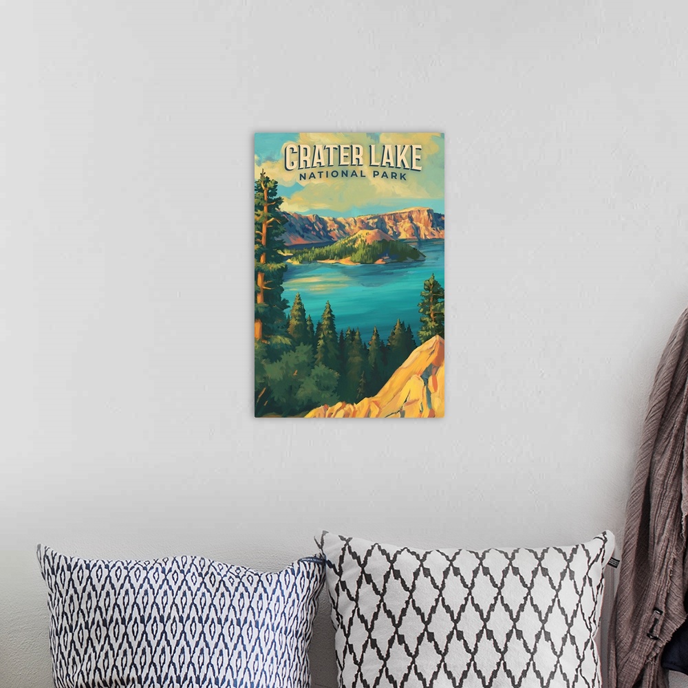 A bohemian room featuring Crater Lake National Park, Natural Landscape: Retro Travel Poster