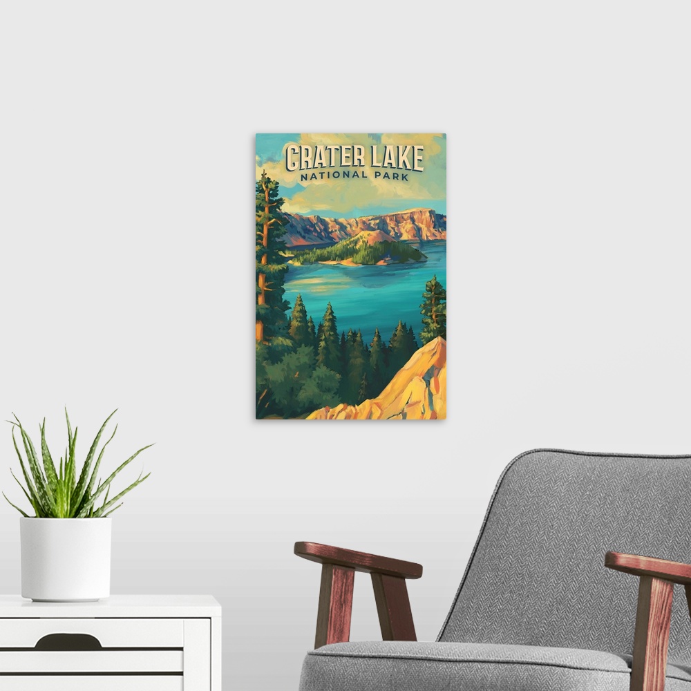 A modern room featuring Crater Lake National Park, Natural Landscape: Retro Travel Poster