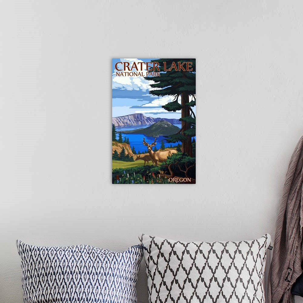 A bohemian room featuring Crater Lake National Park, Oregon - Deer Family: Retro Travel Poster