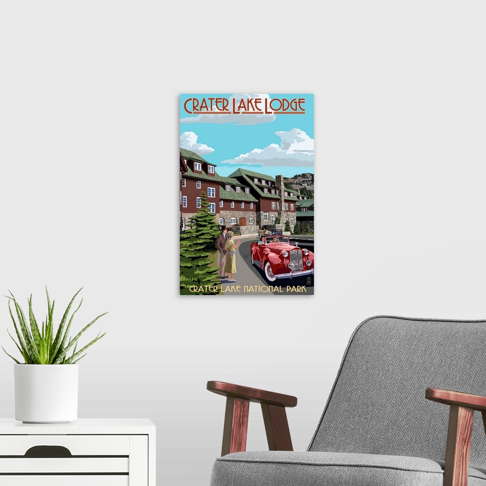 A modern room featuring Crater Lake National Park, Oregon - Lodge Entrance: Retro Travel Poster