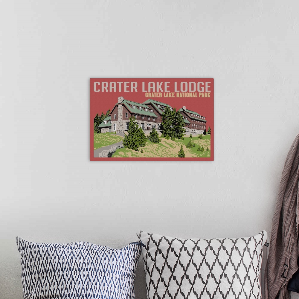 A bohemian room featuring Crater Lake National Park, Oregon - Lodge Letterpress: Retro Travel Poster
