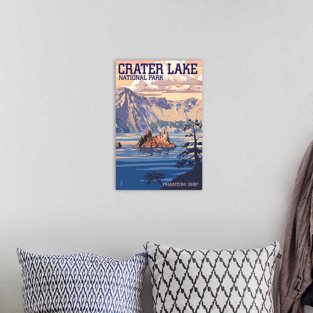 A bohemian room featuring Crater Lake National Park, Oregon - Shoreline and Sunset: Retro Travel Poster