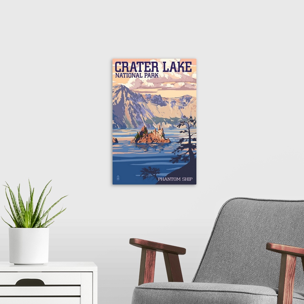 A modern room featuring Crater Lake National Park, Oregon - Shoreline and Sunset: Retro Travel Poster