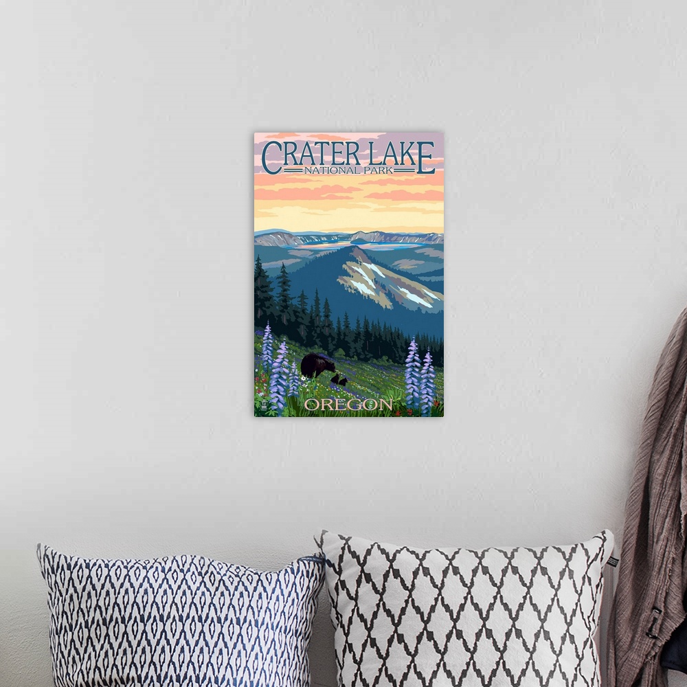 A bohemian room featuring Crater Lake National Park, Oregon - Spring Flowers and Bear Family: Retro Travel Poster