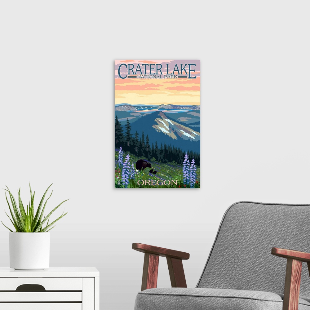 A modern room featuring Crater Lake National Park, Oregon - Spring Flowers and Bear Family: Retro Travel Poster