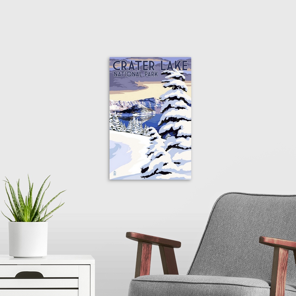 A modern room featuring Crater Lake National Park, Oregon - Winter Scene: Retro Travel Poster