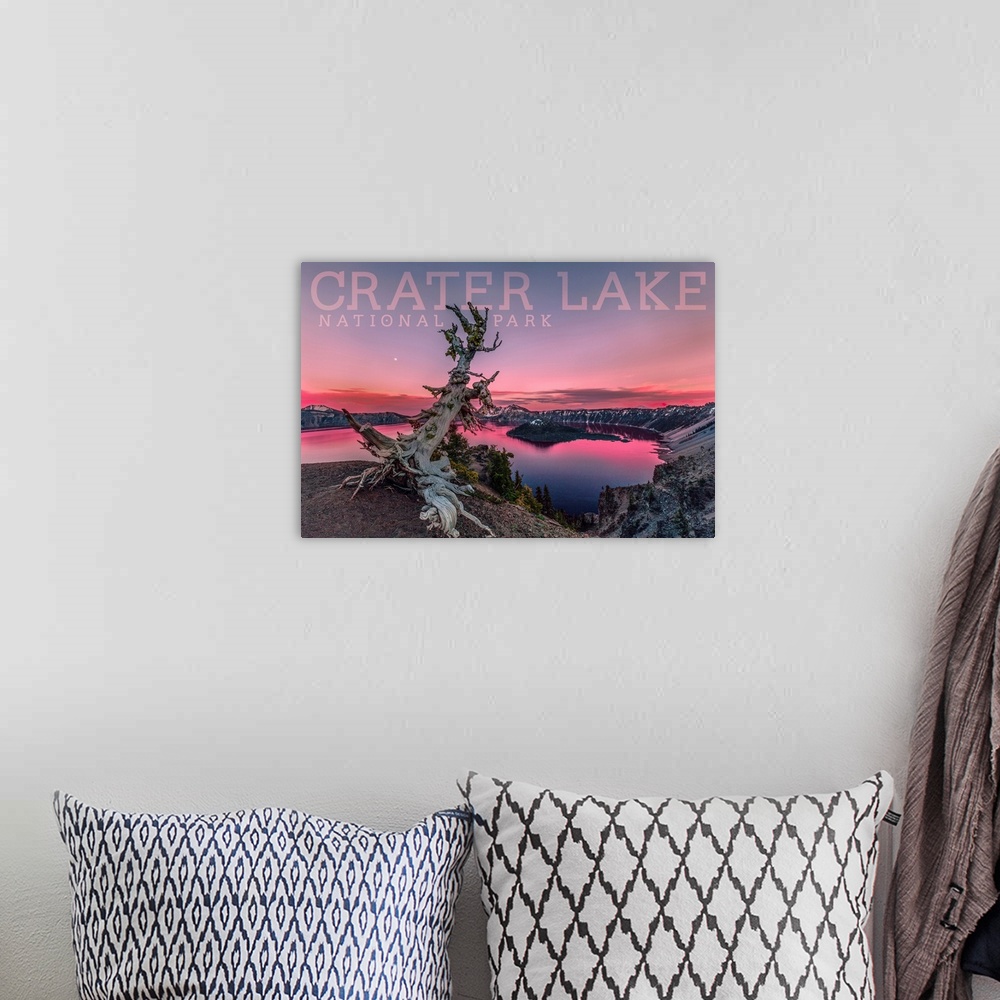 A bohemian room featuring Crater Lake National Park, Sunset On Lake: Travel Poster