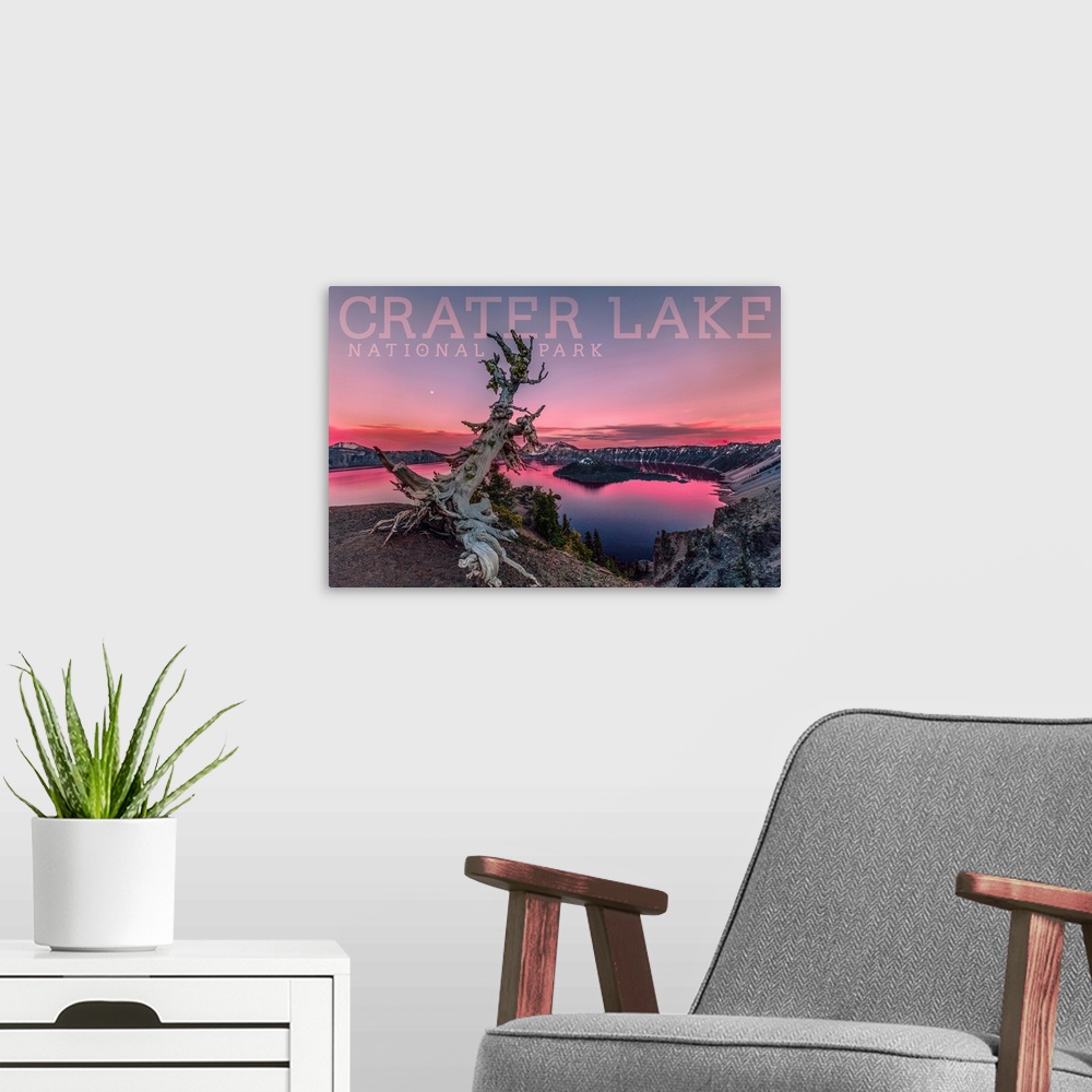 A modern room featuring Crater Lake National Park, Sunset On Lake: Travel Poster