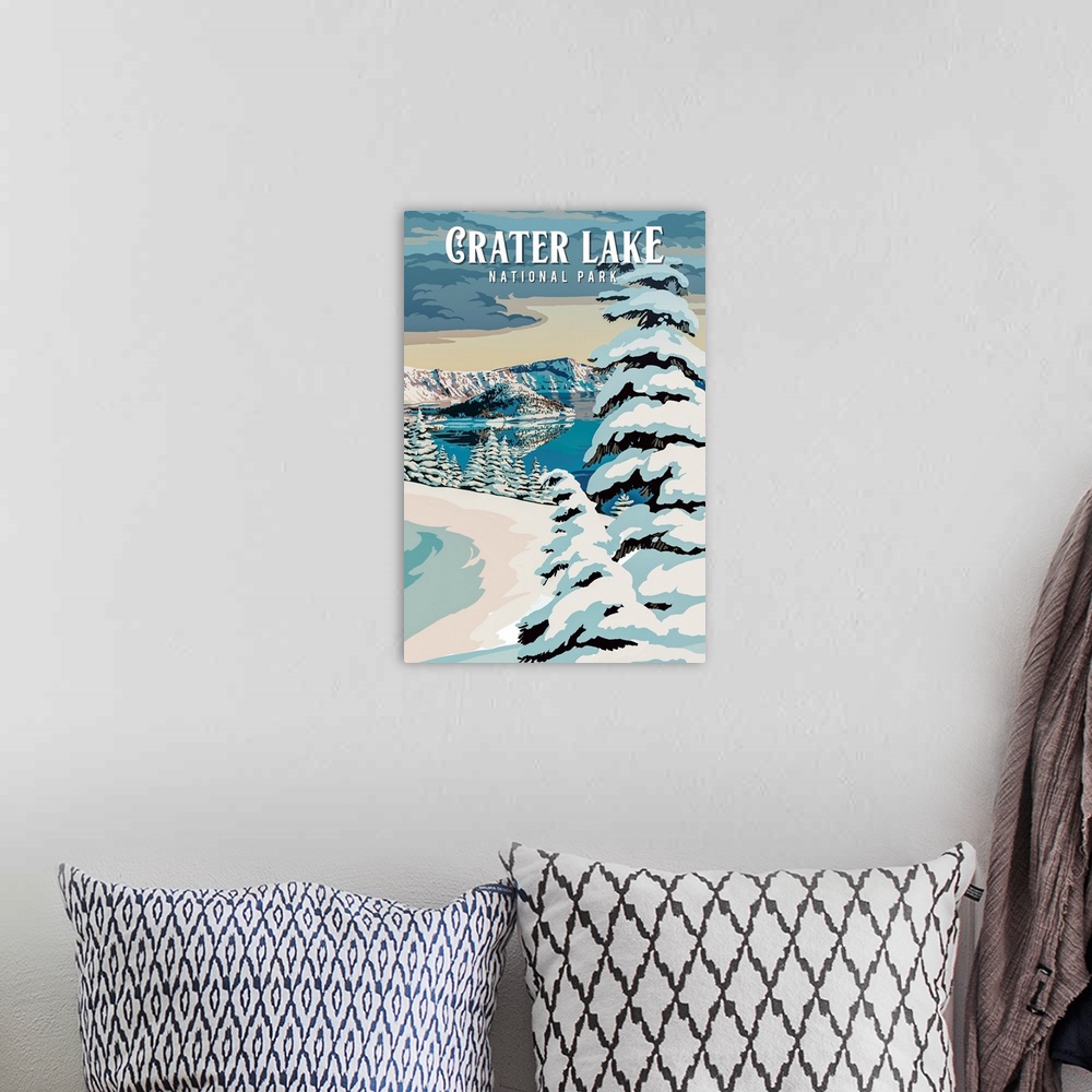 A bohemian room featuring Crater Lake National Park, Winter Landscape: Retro Travel Poster