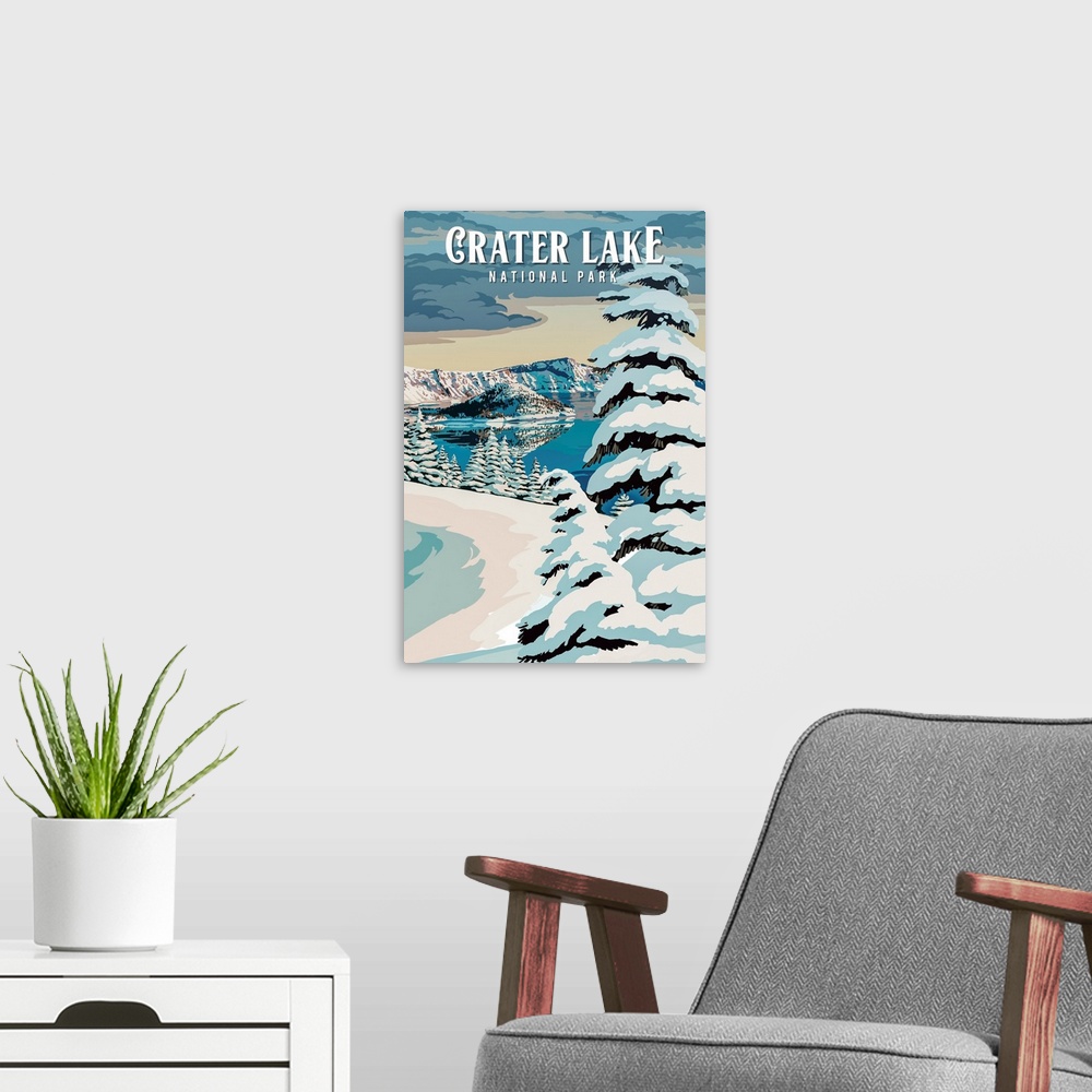 A modern room featuring Crater Lake National Park, Winter Landscape: Retro Travel Poster