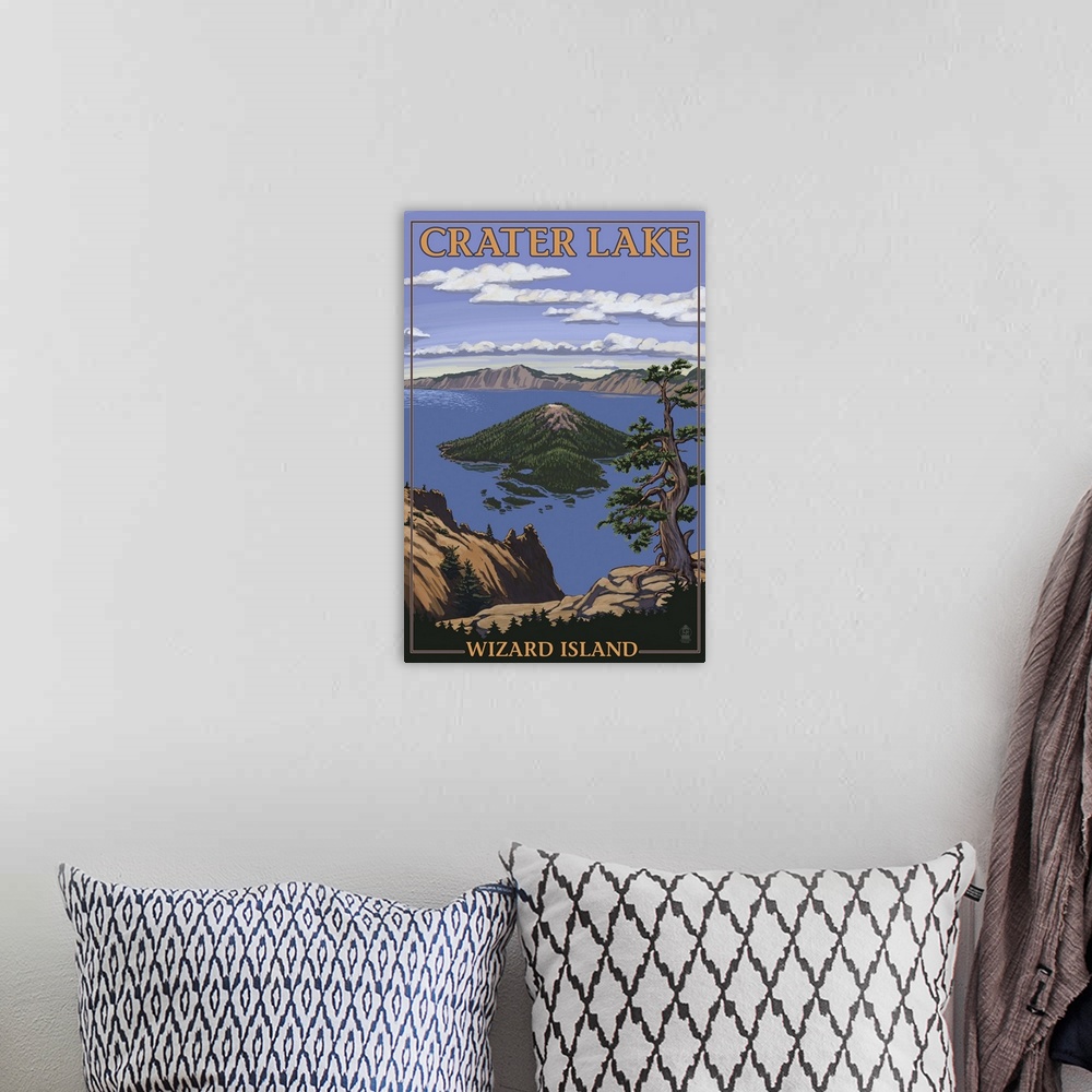 A bohemian room featuring Crater Lake, Oregon - Wizard Island View: Retro Travel Poster