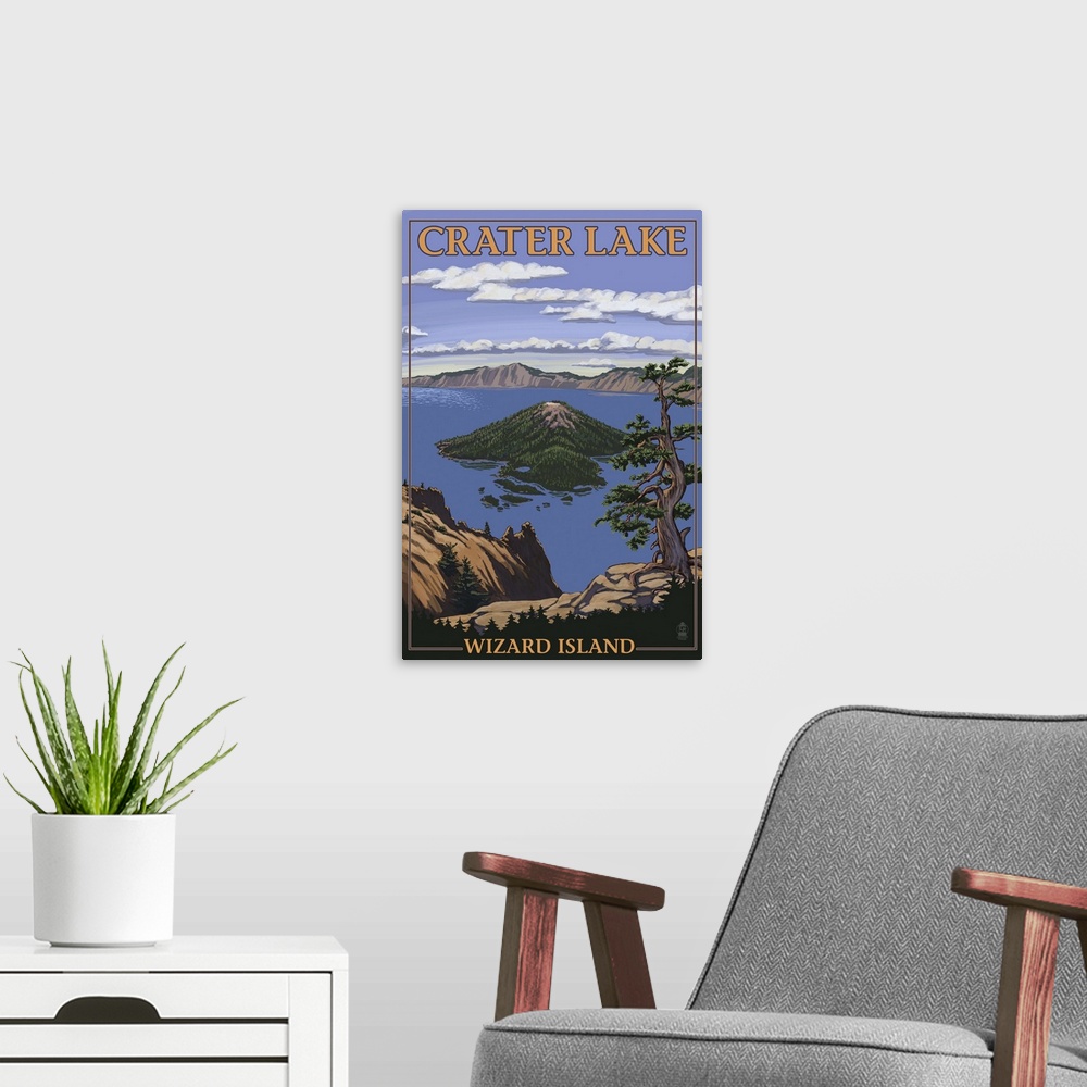 A modern room featuring Crater Lake, Oregon - Wizard Island View: Retro Travel Poster