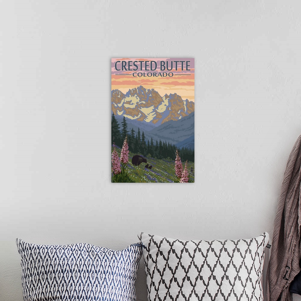 A bohemian room featuring Crested Butte, Colorado - Bears and Spring Flowers: Retro Travel Poster