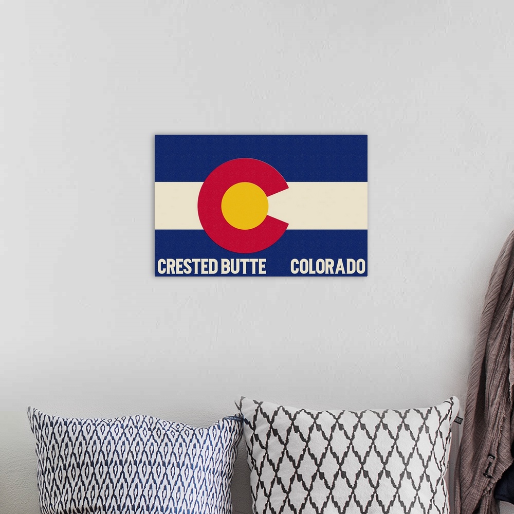 A bohemian room featuring Crested Butte, Colorado - Colorado State Flag: Retro Travel Poster